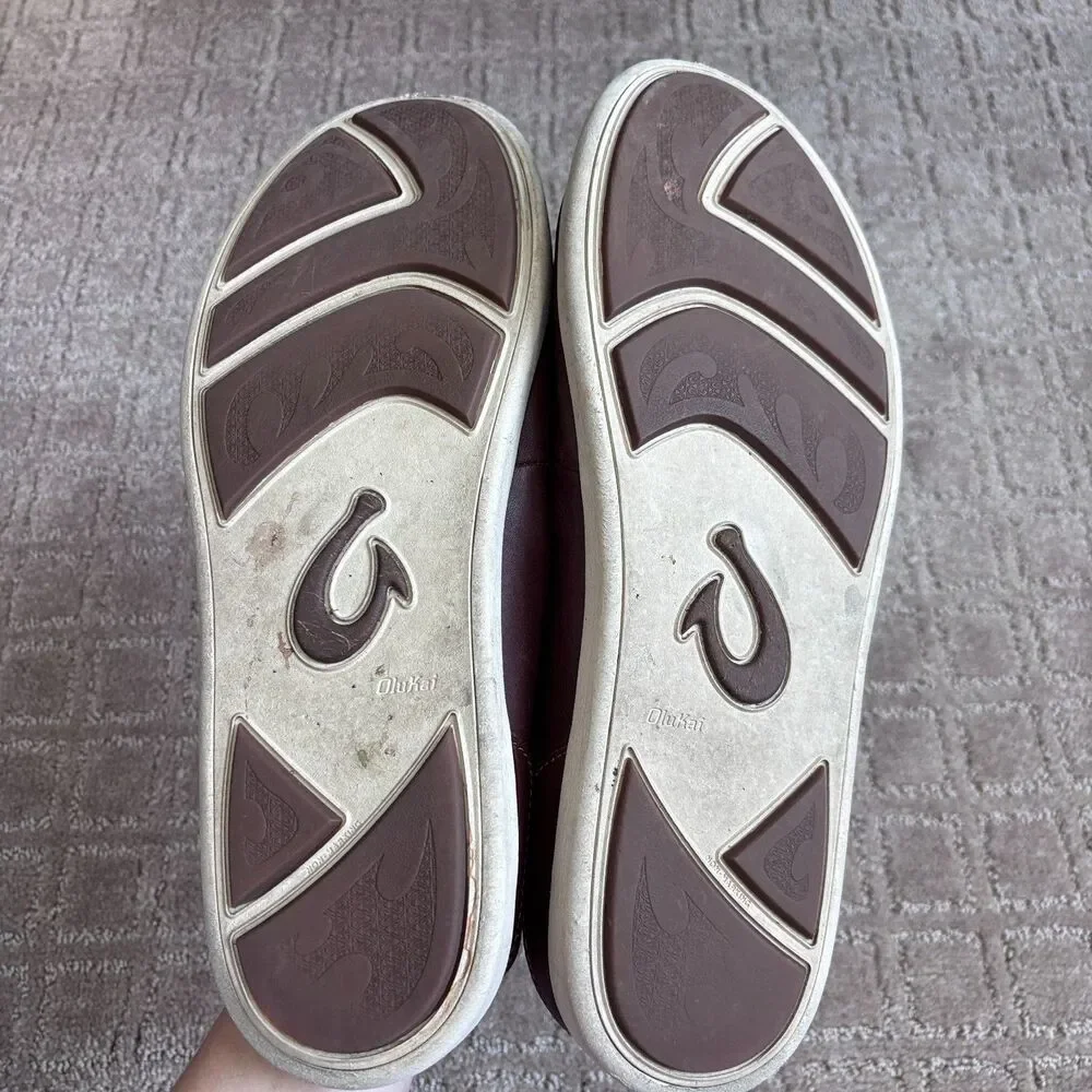 OluKai Nalukai Leather Slip On Shoes Men 12 Brown Loafer Preppy Casual Drop Heel